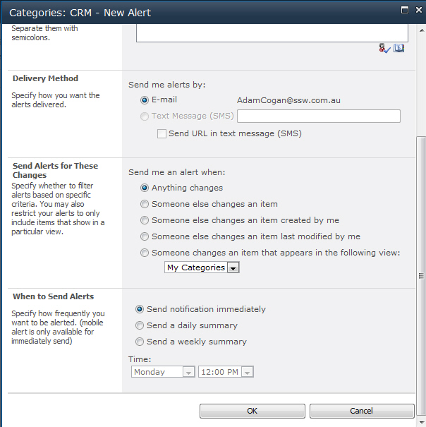 CRM New Alert Options